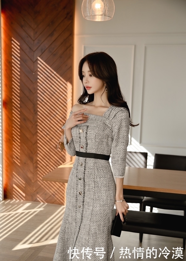 磨砂|韩国模特孙允珠曼妙灰色搭肩磨砂连衣裙网拍